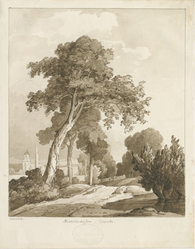 Église de Marchington : dessin au lavis sépia, 1836 - Thomas Peploe Wood