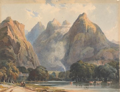 Scène de montagne avec ruisseau, vaches et figures - Thomas Sully