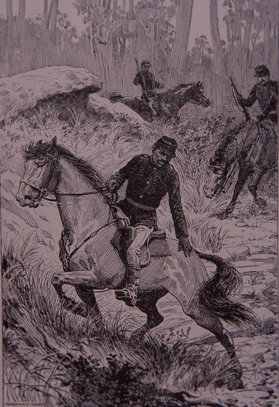 Pisteurs noirs poursuivant des bushrangers en Australie (gravure) - Unknown artist