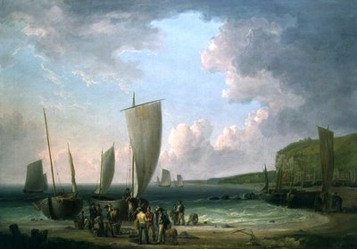 Paysage côtier avec des pêcheurs déchargeant - William Anderson