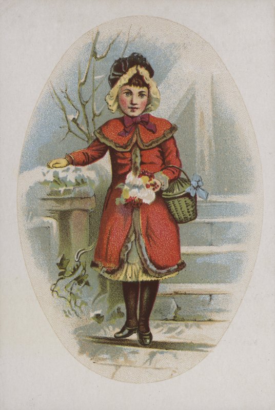 Élégante fille en manteau rouge tenant un panier - American School