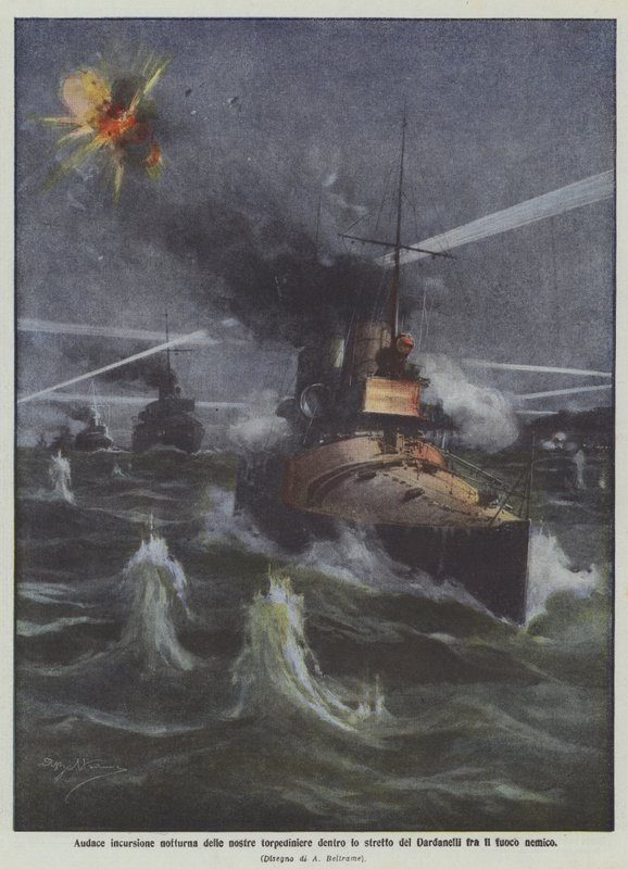 Audacieuse incursion nocturne de nos torpilleurs dans le détroit des Dardanelles sous le feu ennemi - Achille Beltrame
