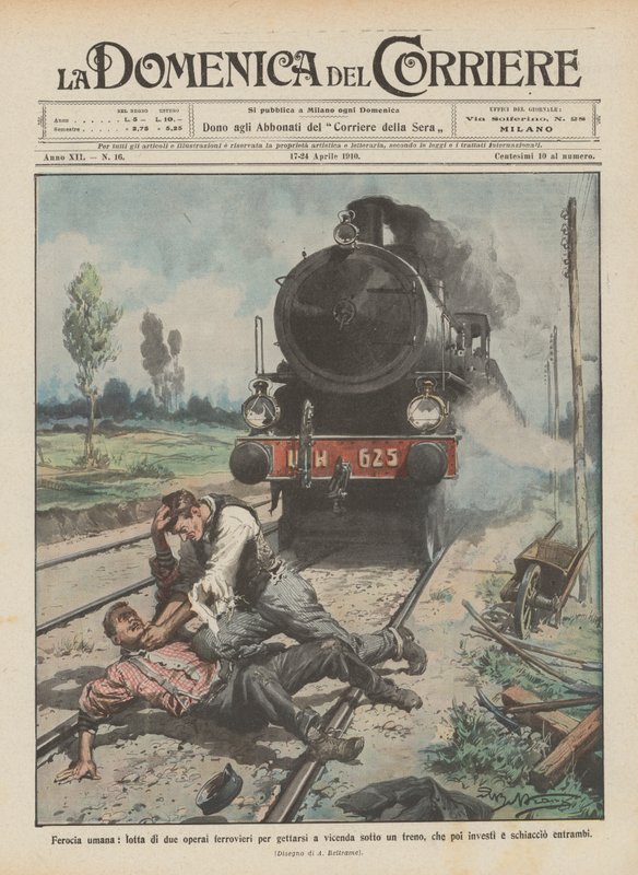 Férocité humaine, lutte de deux ouvriers ferroviaires pour se jeter mutuellement sous un train - Achille Beltrame