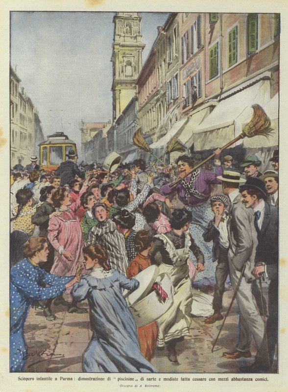 Grève infantile à Parme, manifestation de petites couturières et modistes arrêtée de manière assez comique - Achille Beltrame