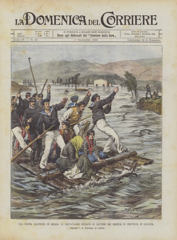 Une nouvelle inondation en Sicile, le sauvetage opéré sur des radeaux par des marins dans la province de Catane - Achille Beltrame