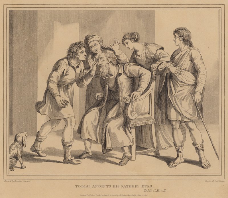 Tobie oint les yeux de son père, Tobie - Agostino Carracci