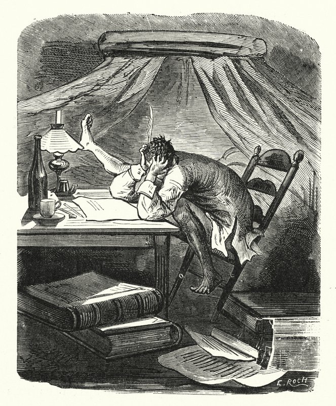 Homme lisant à une table - Albert Robida
