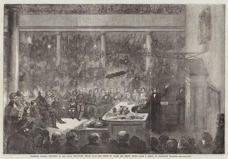 Le professeur Faraday donnant une conférence à la Royal Institution, devant SAR le prince de Galles et le prince Albert - Alexander Blaikley