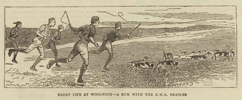 Vie de cadet à Woolwich, une course avec les beagles de la RMA - Alfred Chantrey Corbould