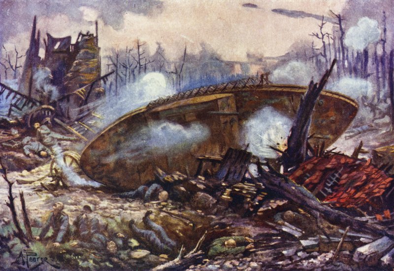Capitaine Arthur Inglis, du régiment de Gloucester, avançant son char sur un terrain très difficile après qu
