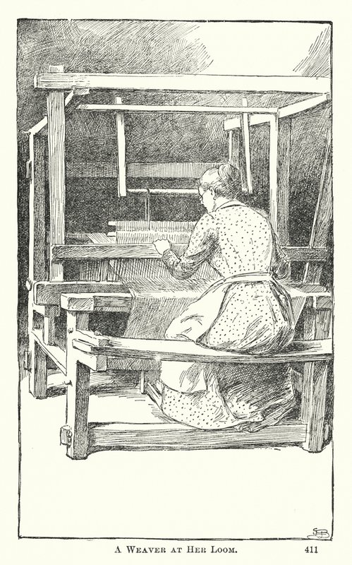 Une tisserande à son métier (gravure) - American School