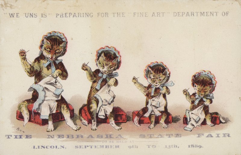 Quatre chats cousant portant des bonnets - American School