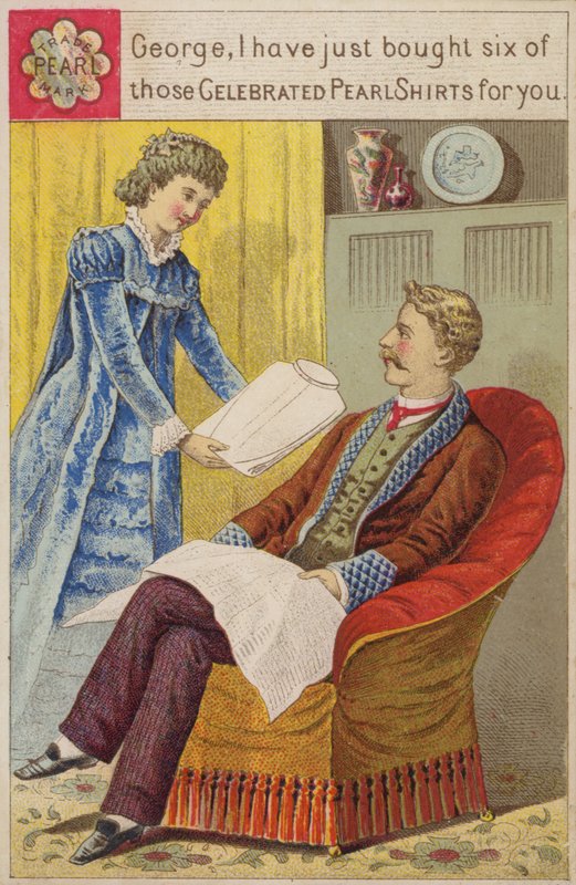 Dame présentant une nouvelle chemise à un gentleman assis - American School