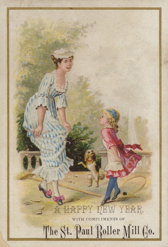 Dame et fille dansant, carte de Nouvel An - American School