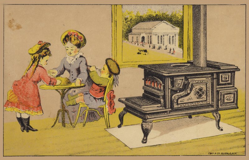 Mère et enfants mangeant près du poêle - American School