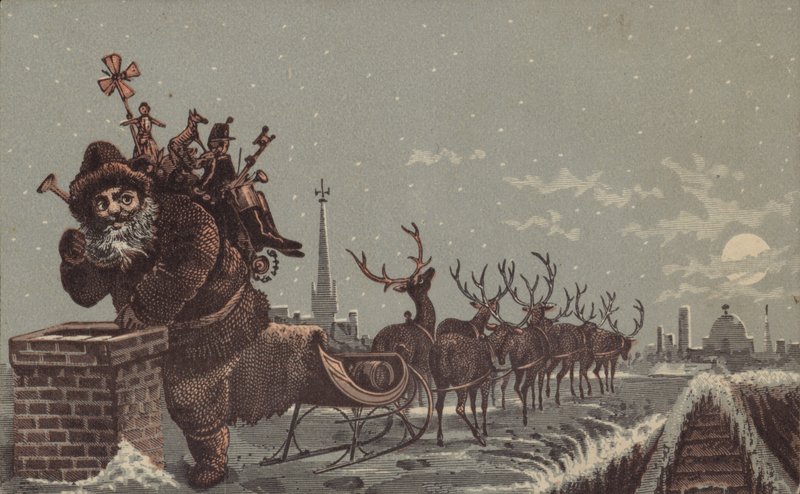 Père Noël et rennes livrant des cadeaux - American School