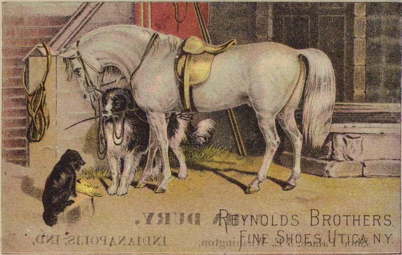 Cheval attaché avec un chien de berger - American School