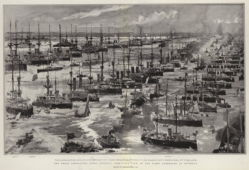 La Grande Parade Navale du Couronnement, vue aérienne de la flotte assemblée à Spithead - Charles Edward Dixon