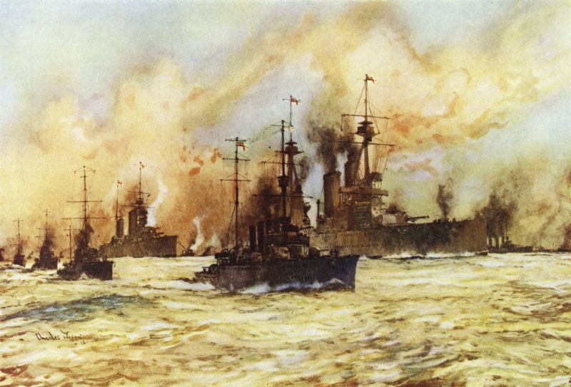 Le croiseur de bataille Indomitable remorquant le croiseur de bataille blessé Lion après la bataille de Dogger Bank, 24 janvier 1915 - Charles Edward Dixon