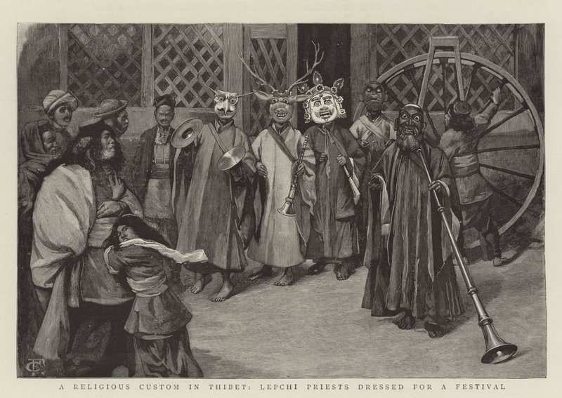 Une coutume religieuse au Tibet, prêtres Lepchi habillés pour un festival - Charles Edwin Fripp