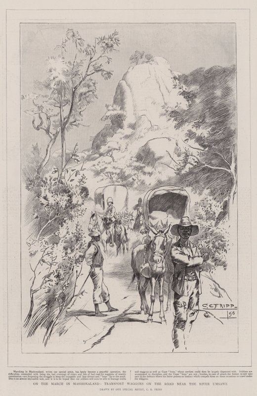 En marche au Mashonaland, chariots de transport sur la route près de la rivière Umsawe - Charles Edwin Fripp