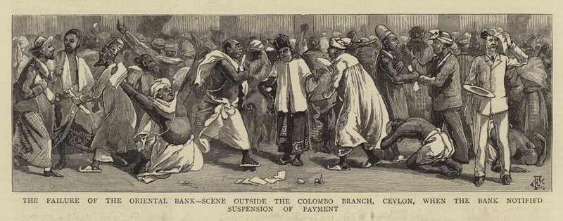 La faillite de la Banque Orientale, scène devant la succursale de Colombo, Ceylan, lorsque la banque a notifié la suspension de paiement - Charles Edwin Fripp