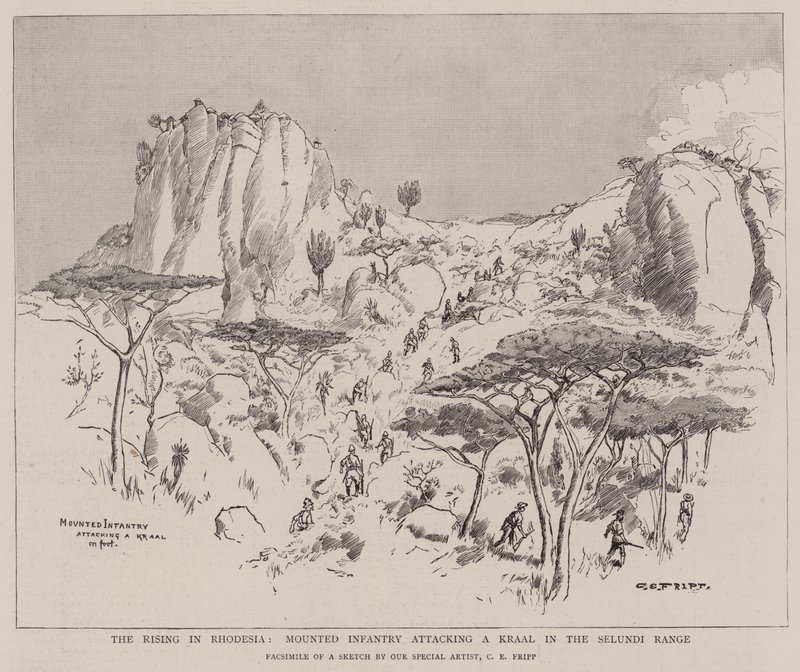 Le Soulèvement en Rhodésie, Infanterie montée attaquant un Kraal dans la chaîne de Selundi - Charles Edwin Fripp