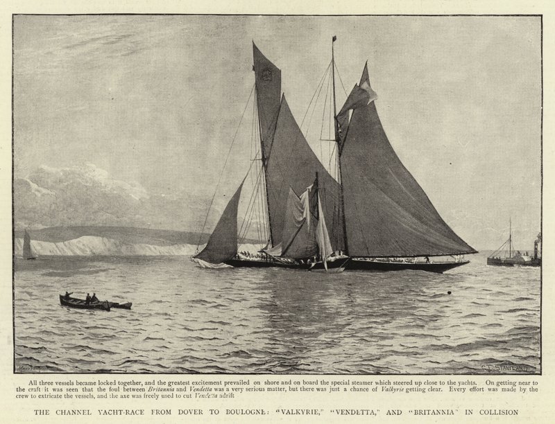 La course de yachts de la Manche de Douvres à Boulogne, Valkyrie, Vendetta et Britannia en collision - Charles J. Staniland