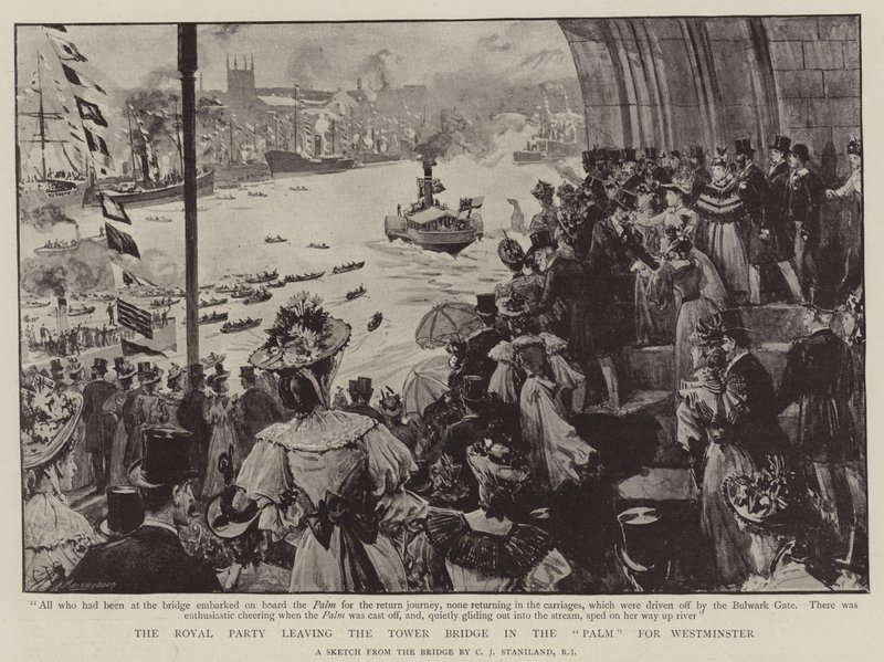 Le cortège royal quittant le Tower Bridge dans le Palm pour Westminster - Charles J. Staniland