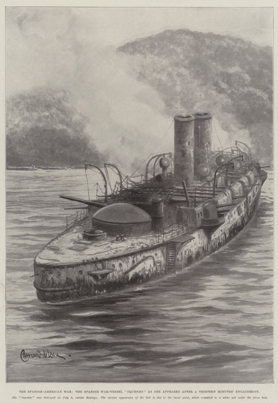 La guerre hispano-américaine, le navire de guerre espagnol Oquendo après un engagement de treize minutes - Charles John de Lacy
