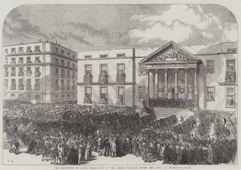 La révolution en Espagne, défilé de la populace armée devant la Junta à Madrid - Sir John Charles Robinson