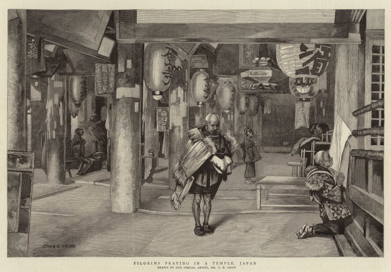 Pèlerins priant dans un temple, Japon - Charles Edwin Fripp