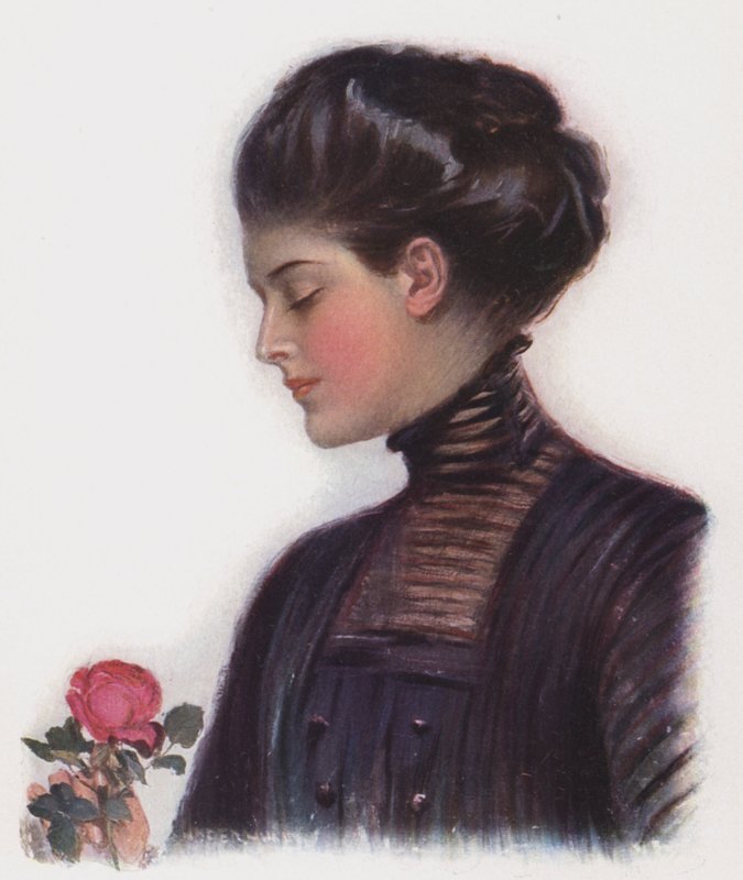 Fille avec une rose (lithographie en couleur) - Clarence F. Underwood