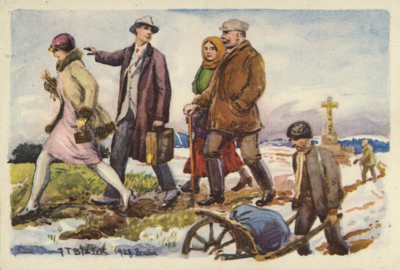 Personnes marchant dans un paysage enneigé - Czech School