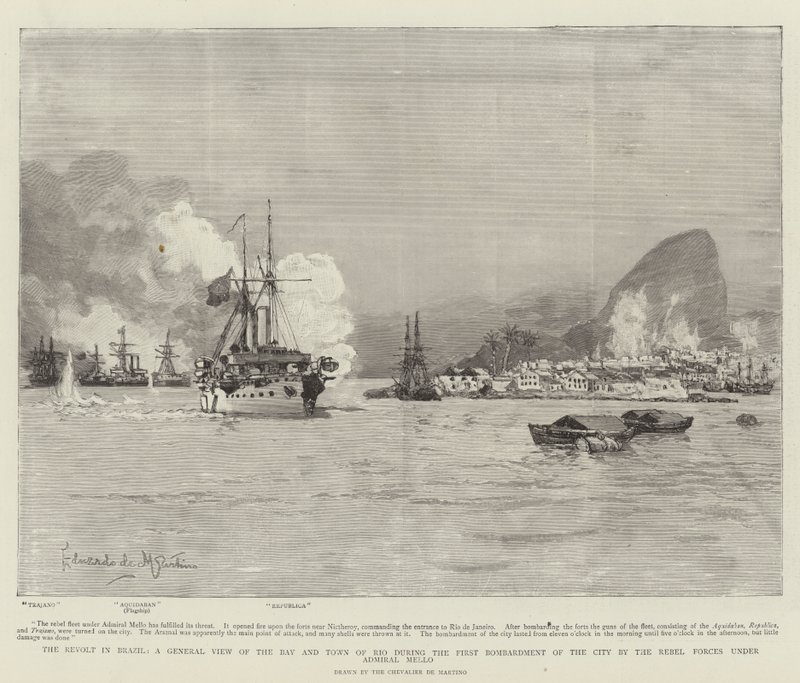 La révolte au Brésil, vue générale de la baie et de la ville de Rio lors du premier bombardement de la ville par les forces rebelles sous l