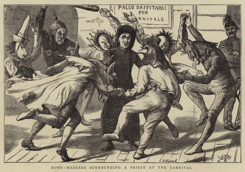 Rome, masques entourant un prêtre au carnaval - Edward Frederick Brewtnall