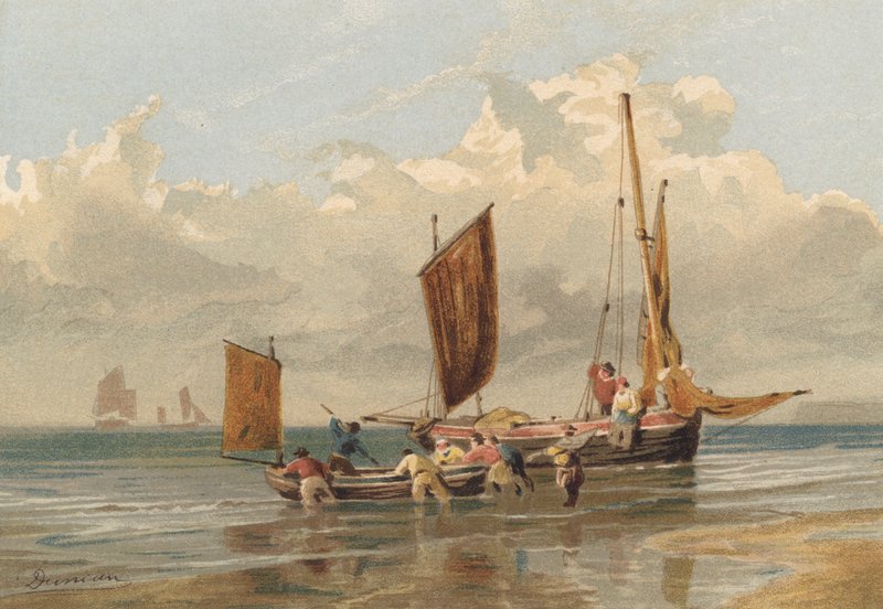 Calme plat, bateaux de pêche de Brighton partant - Edward Duncan