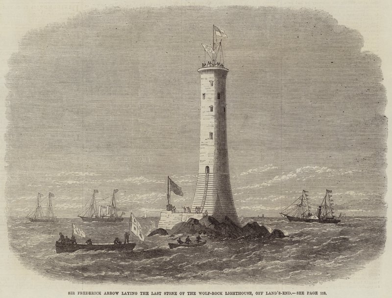Sir Frederick Arrow posant la dernière pierre du phare de Wolf-Rock, au large de Land