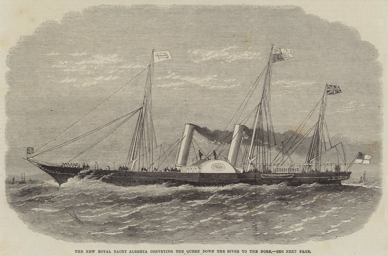 Le nouveau yacht royal Alberta transportant la reine sur la rivière jusqu