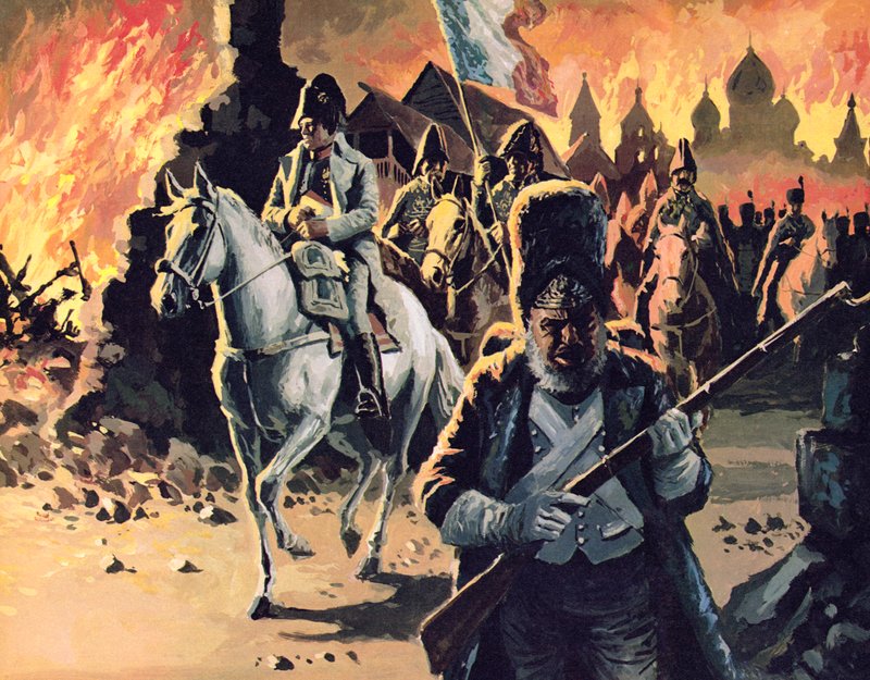 Napoléon traversant Moscou en flammes - English School