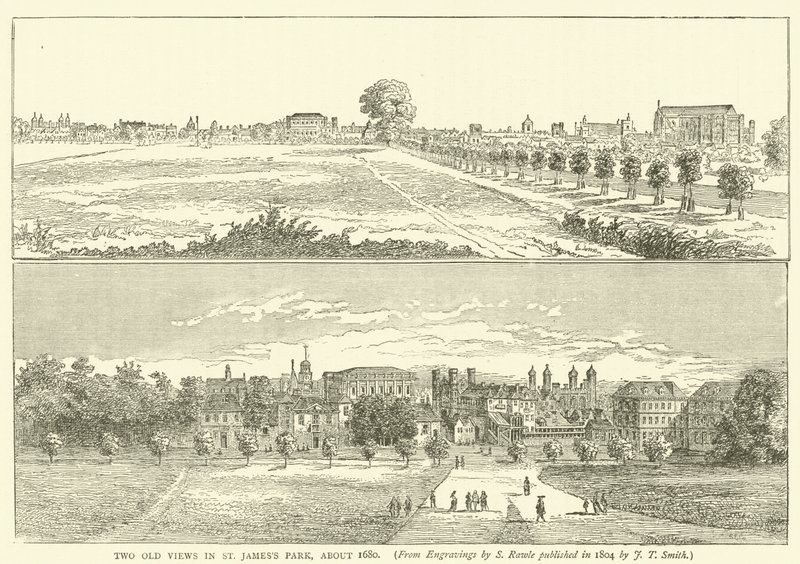 Deux anciennes vues dans le parc de St James, vers 1680, d