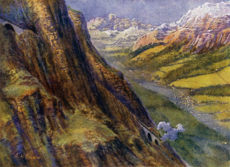 Un chemin de fer de montagne en Suisse (lithographie) - English School