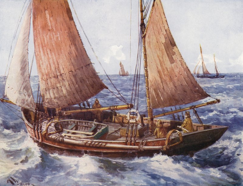 Un chalutier en mer (lithographie en couleur) - English School