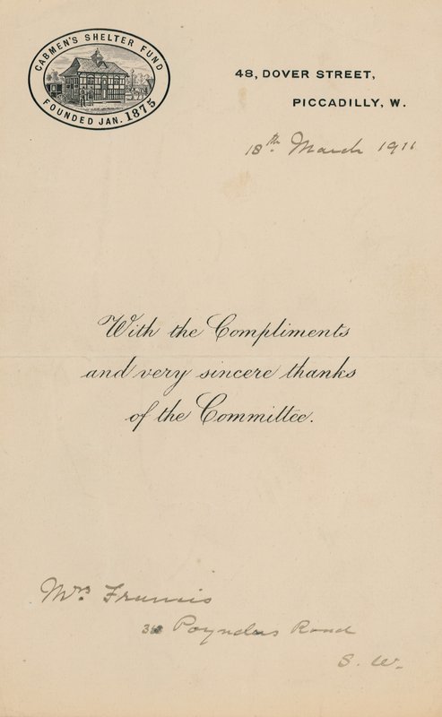 Abri pour cochers Fun, fondé en janvier 1875. Lettre - English School