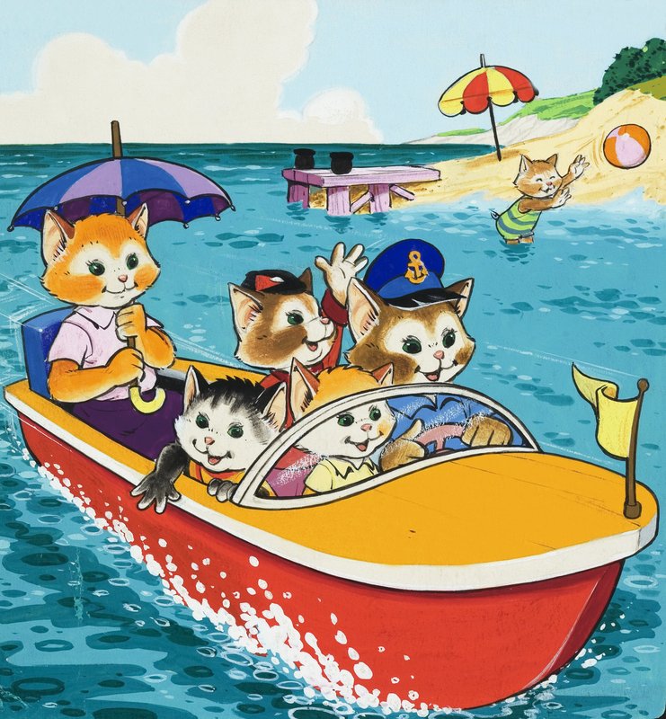 Famille de chats dans un bateau à moteur - English School
