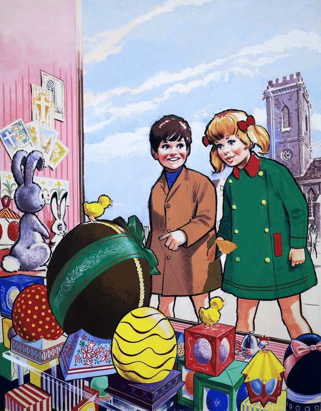 Enfants admirant une exposition de Pâques - English School