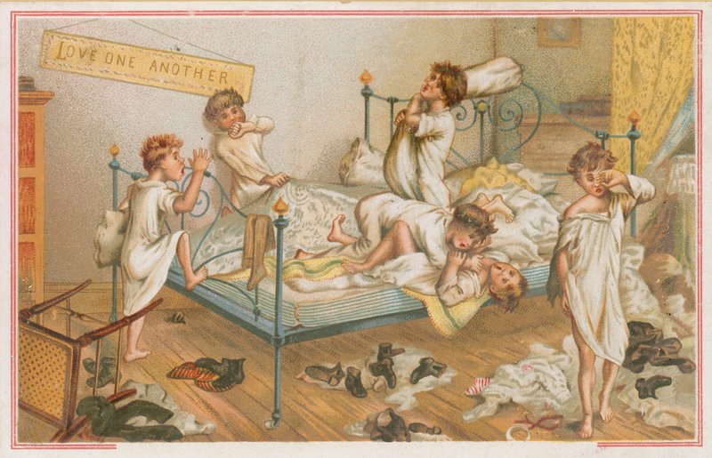 Enfants se bagarrant dans un dortoir - English School