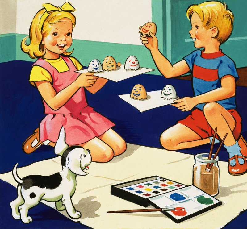 Enfants peignant des œufs - English School