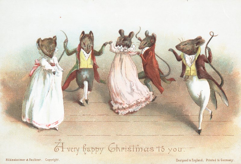 Souris dansantes en vêtements, carte de Noël - English School