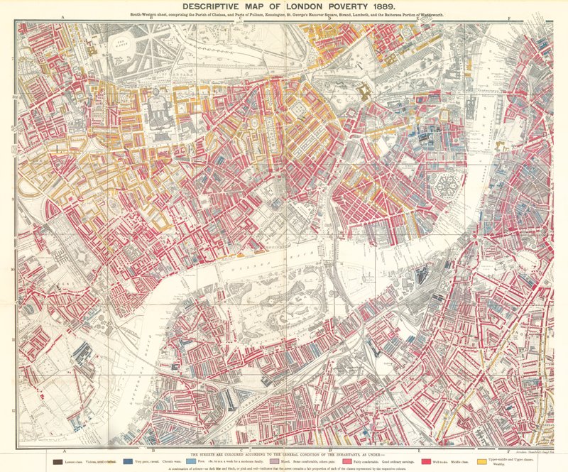 Carte descriptive de la pauvreté à Londres, 1889 - English School